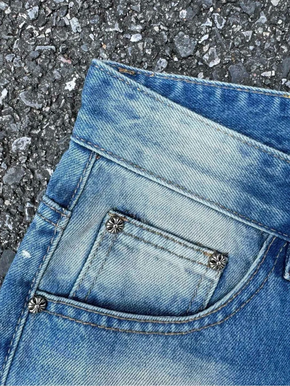 Chrome Hearts Blue Distressed Straight Jeans with Paint Accents